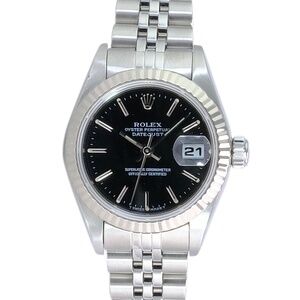 ROLEX DATEJUST SILVER BLACK DIAL 18K WHITE GOLD JUBILEE WATCH 69174 BOX & PAPER